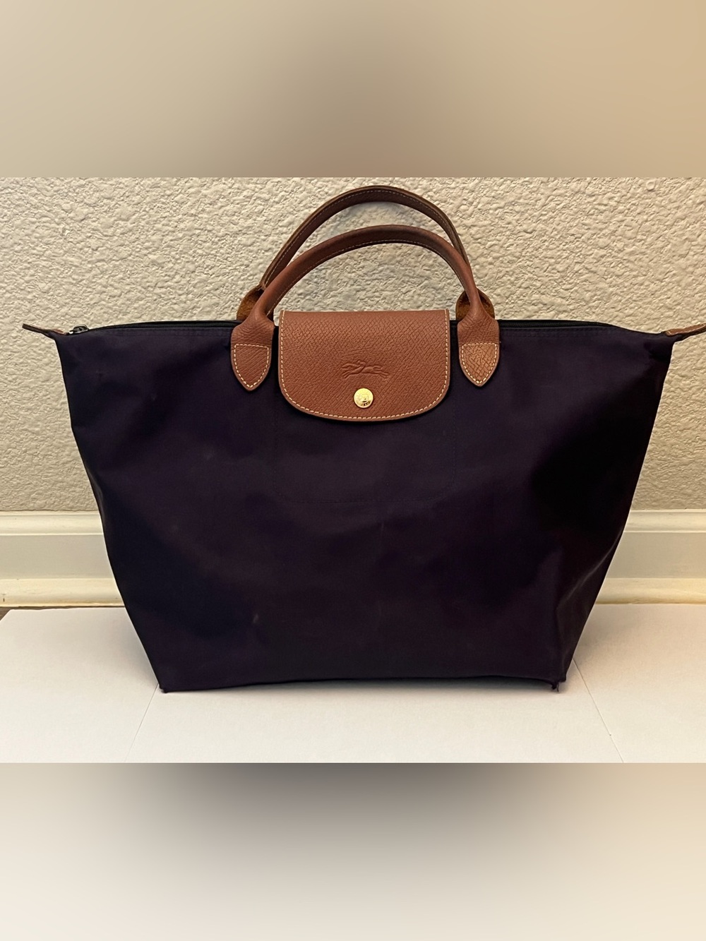 Longchamp Le Pliage Medium Short Handle Tote Purple Plum